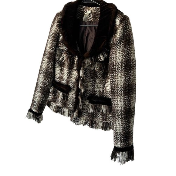 Cache Blazer Velvet/ fur trimmed Dark brown and Ivory Tweed Blazer.sz 8 Vtg - Picture 2 of 11